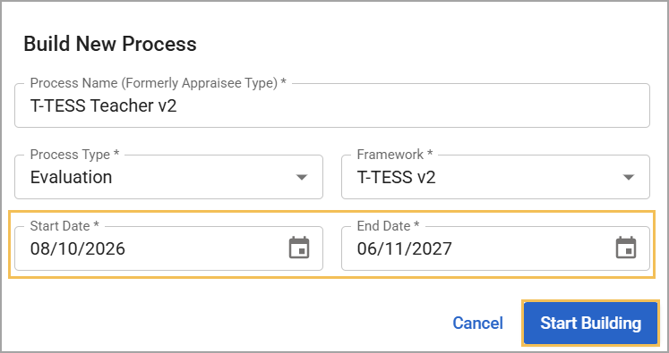 Modal to build a new T-TESS evaluation process with start and end dates specified.